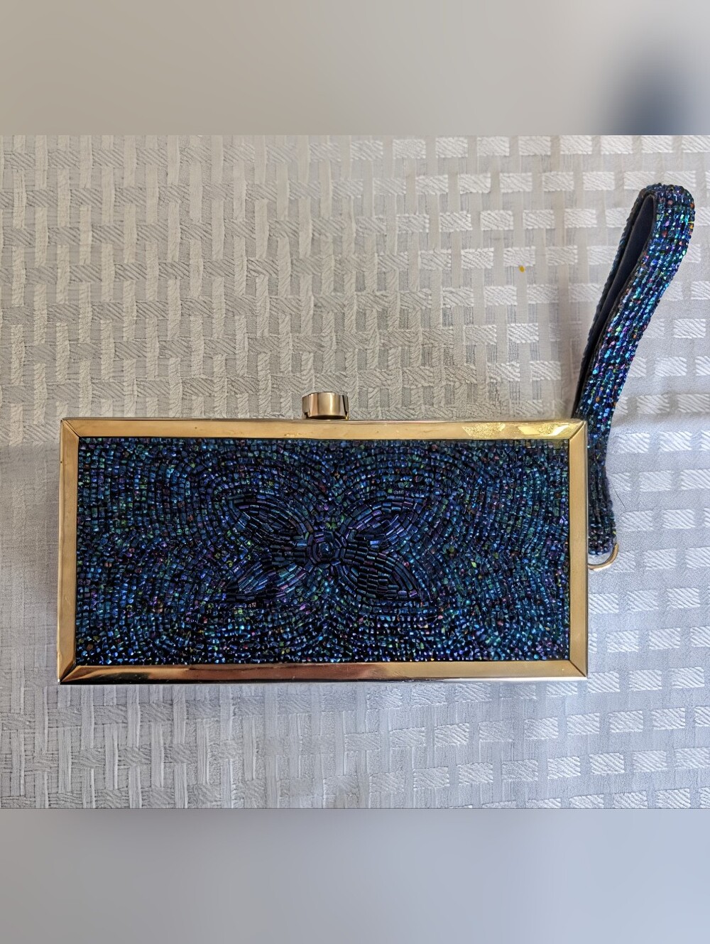RARE 1960's Beaded Tyrolean Rectangular Wristlet Clutch in Navy Blue